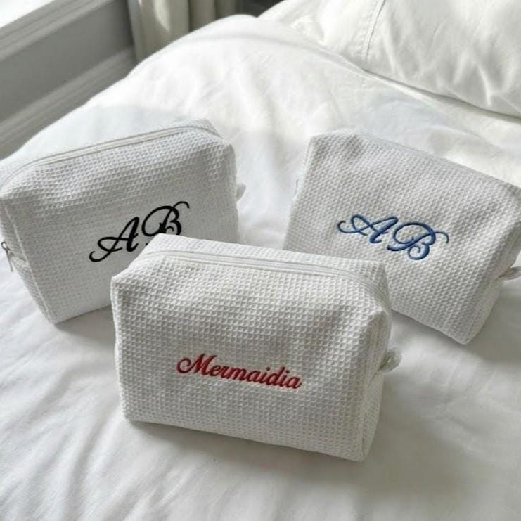 Embroidered Initial Waffle Makeup Bag, Personalized Cosmetic Travel Case