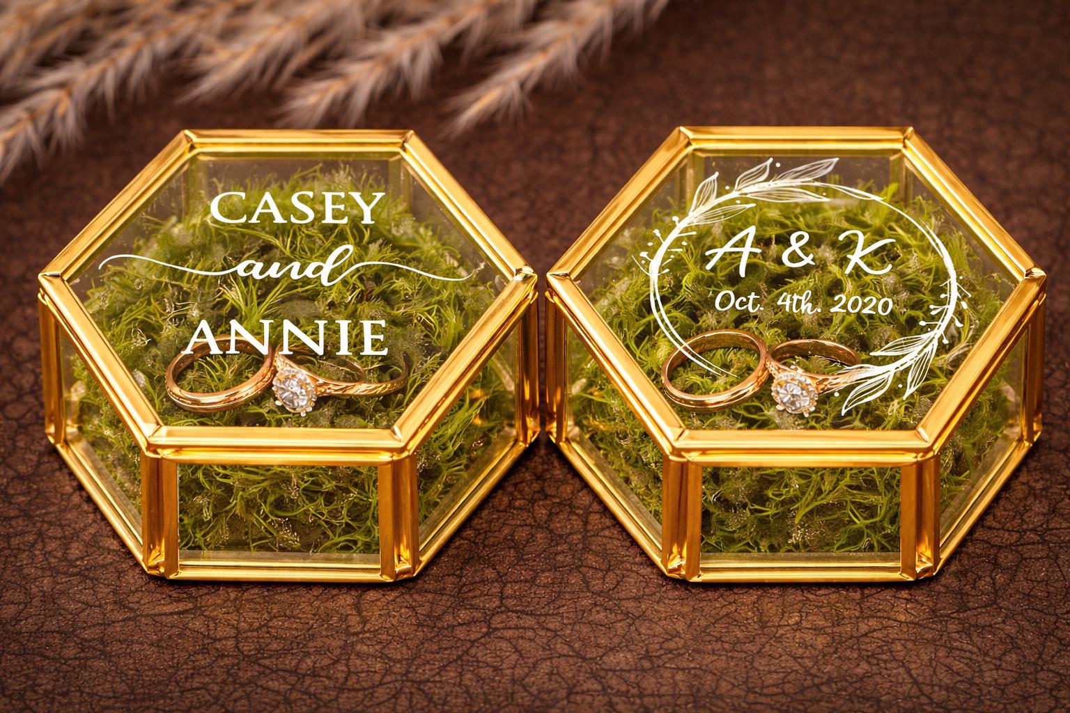 Personalized Hexagon Glass Ring Box – Gold Wedding Ring Bearer with Moss
