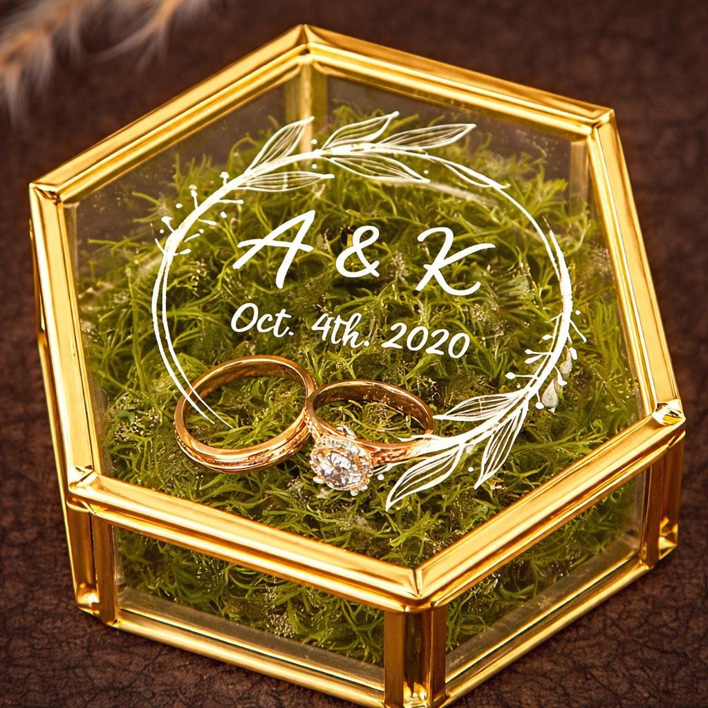 Personalized Hexagon Glass Ring Box – Gold Wedding Ring Bearer with Moss