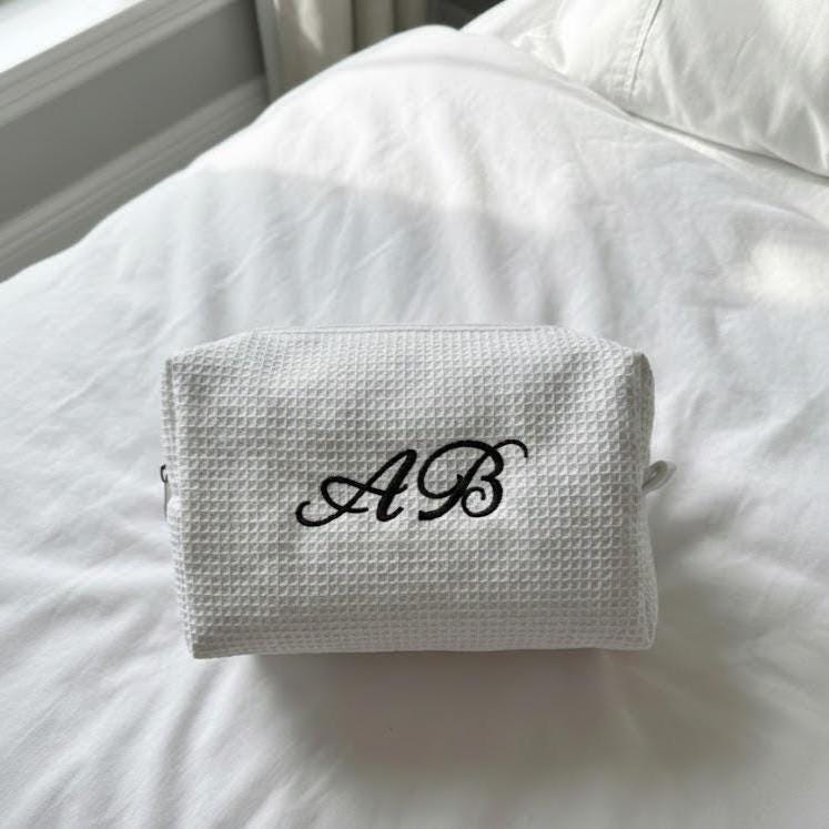 Embroidered Initial Waffle Makeup Bag, Personalized Cosmetic Travel Case