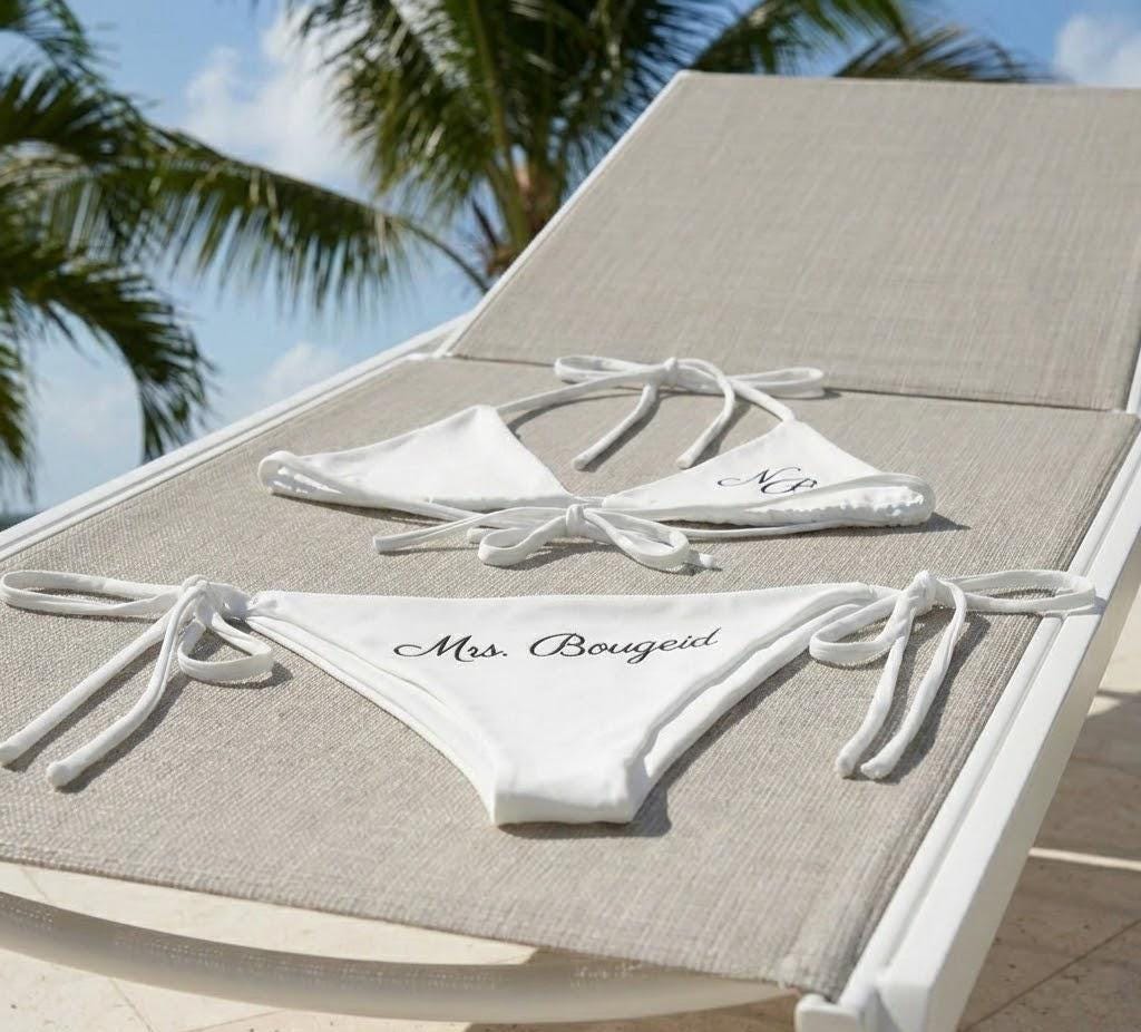 Custom Bride Bikini – Personalized Mrs Swimsuit, White Honeymoon & Bachelorette Bikini