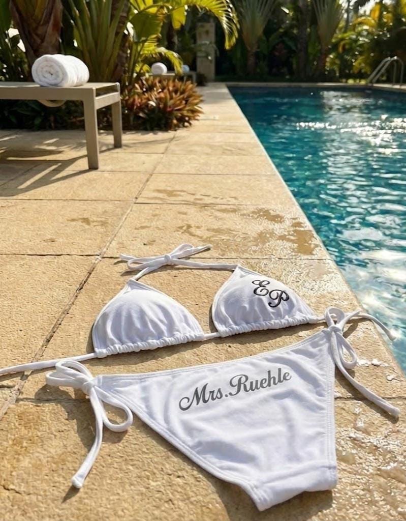 Bride-to-Be Swim Embroidered Bundle | Custom Bikini, Sarong, Sunglasses & Veil