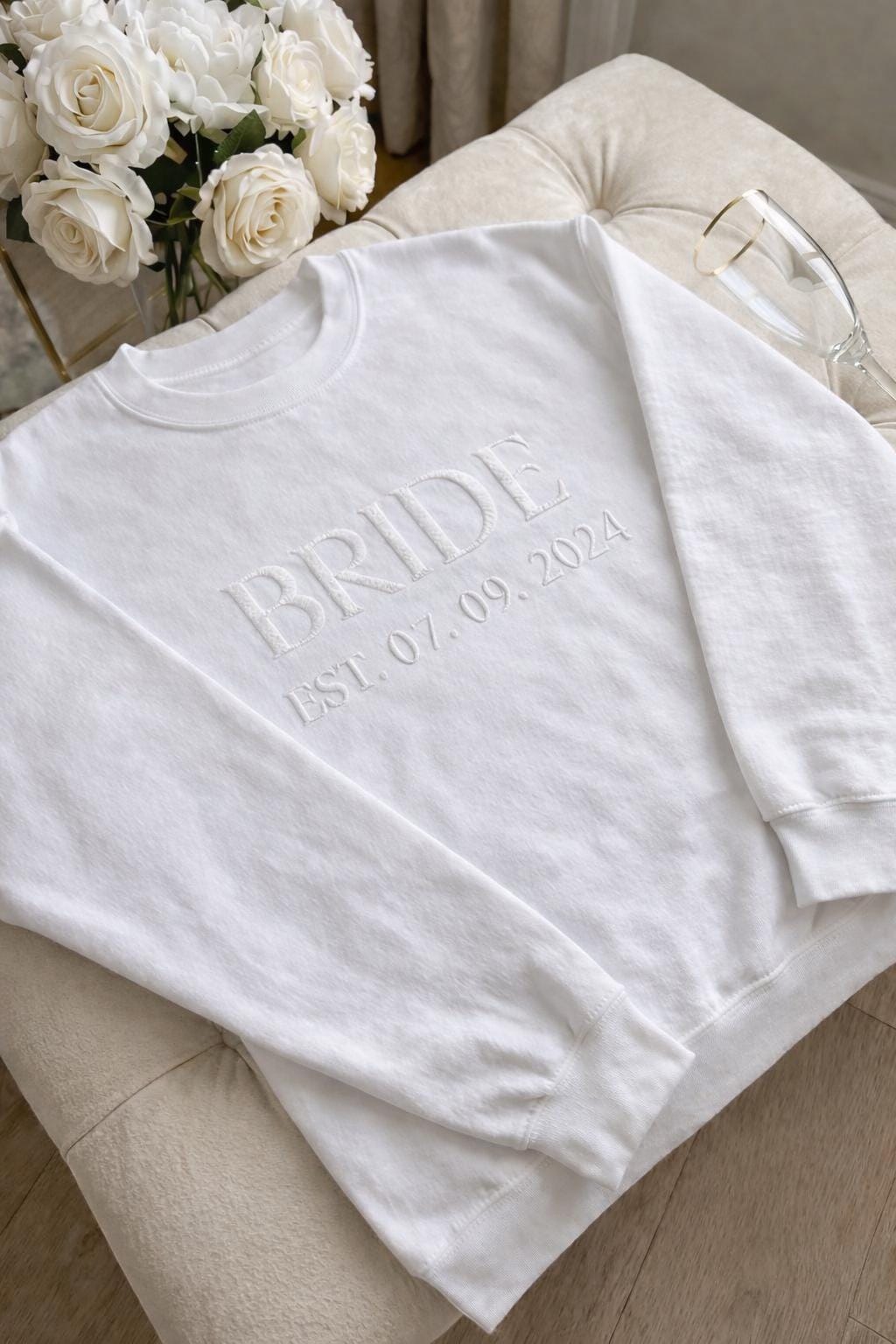 Custom Embossed Bride Sweatshirt, 3D Puff Print Bridal Shower Gift