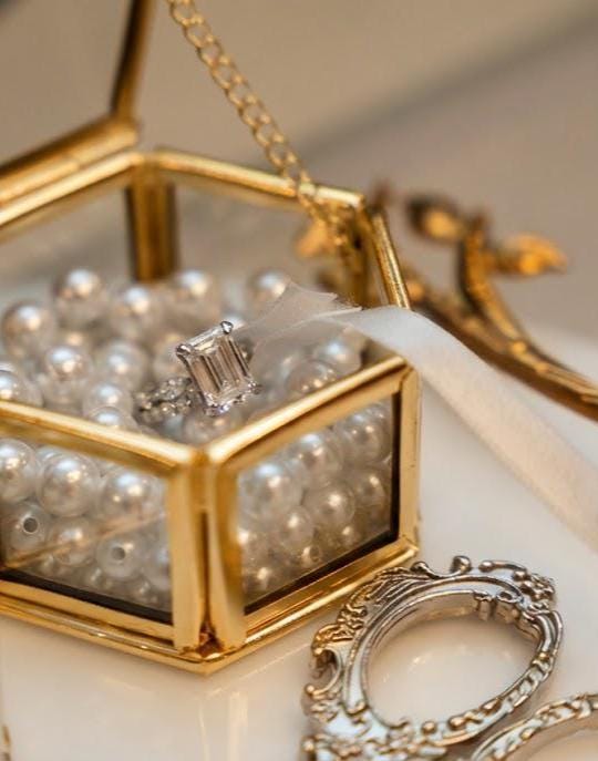 Personalized Hexagon Glass Ring Box – Gold Wedding Ring Bearer with Moss