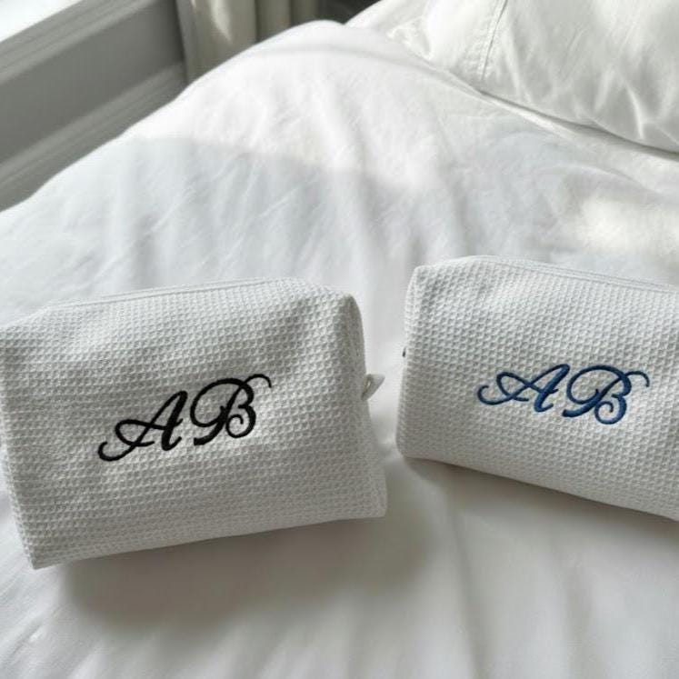 Embroidered Initial Waffle Makeup Bag, Personalized Cosmetic Travel Case