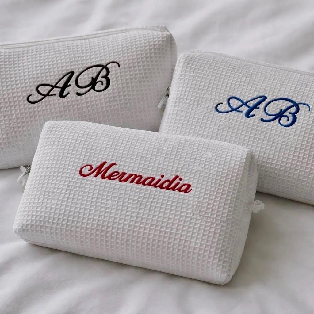 Embroidered Initial Waffle Makeup Bag, Personalized Cosmetic Travel Case