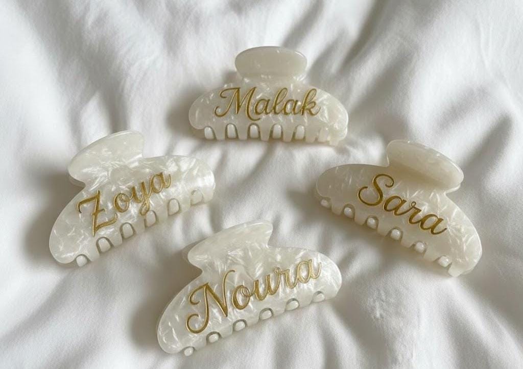Personalized Pearl Hair Claw Clip | Custom Gold Name, Bridal Party Gift