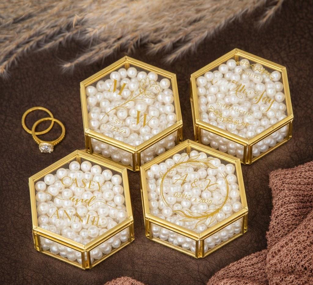 Personalized Hexagon Glass Ring Box – Gold Wedding Ring Bearer with Moss
