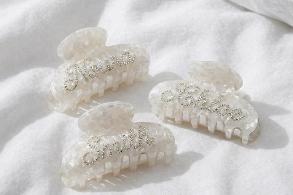 Custom Rhinestone Name Hair Claw Clip | Pearl Acetate Bridal Clip