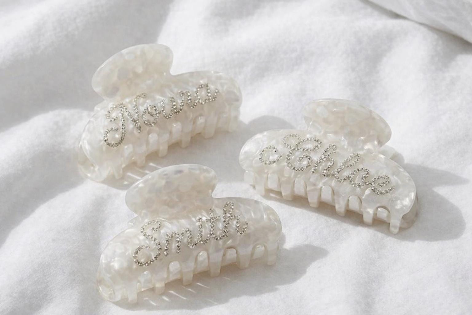 Custom Rhinestone Name Hair Claw Clip | Pearl Acetate Bridal Clip