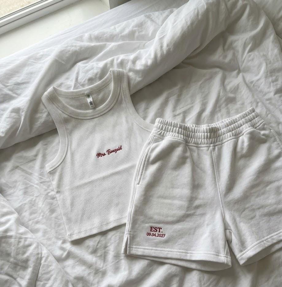 Embroidered Wifey Lounge Set | Personalized Bride Tank Top & Fleece Shorts