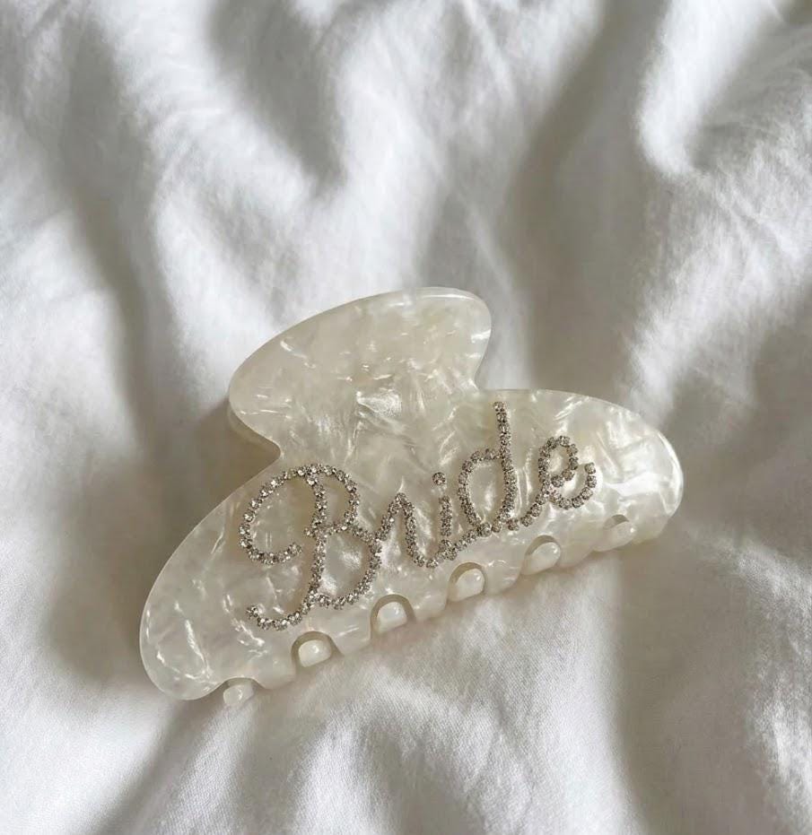 Custom Rhinestone Name Hair Claw Clip | Pearl Acetate Bridal Clip