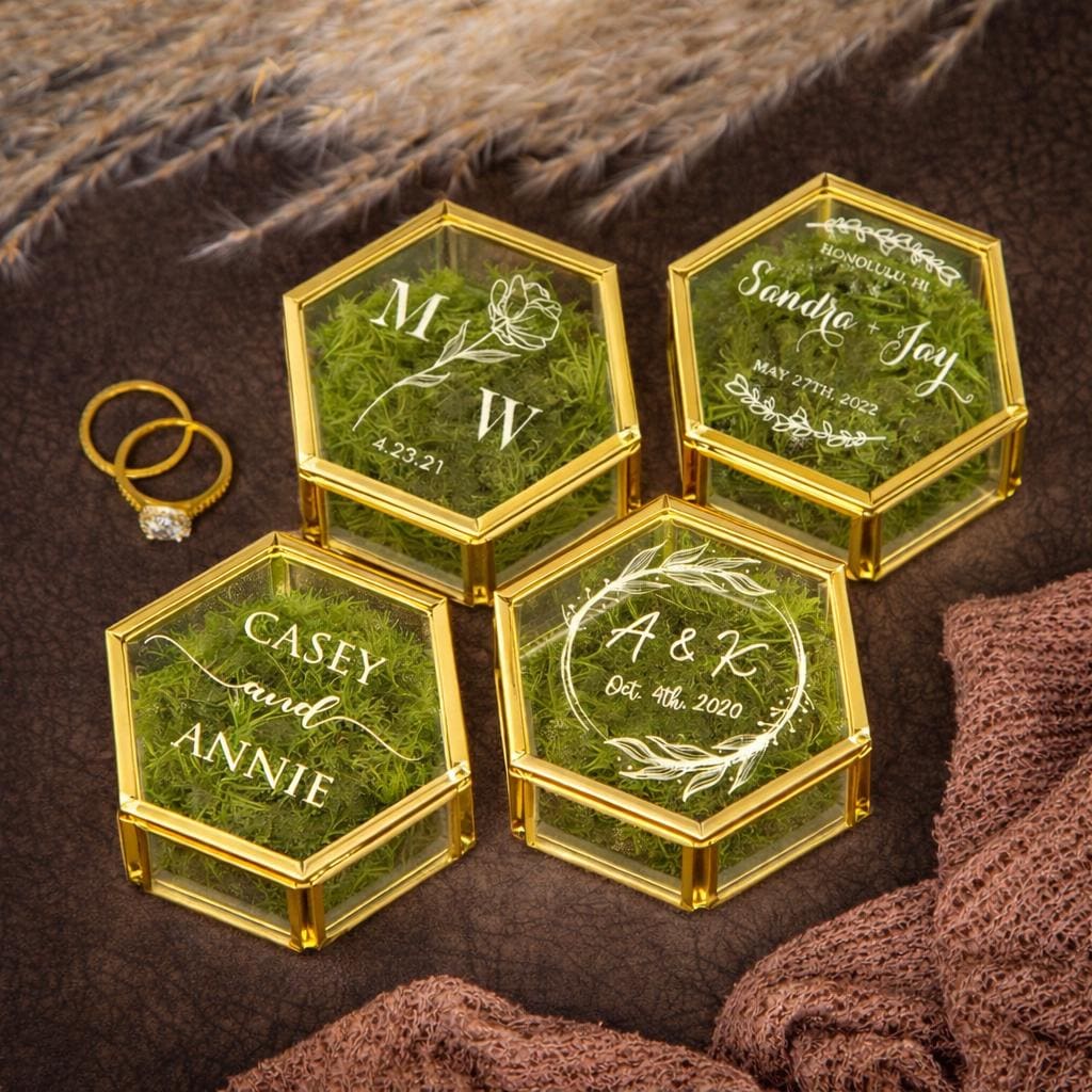 Personalized Hexagon Glass Ring Box – Gold Wedding Ring Bearer with Moss