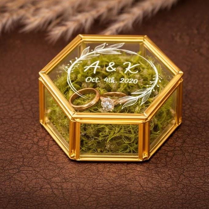 Personalized Hexagon Glass Ring Box – Gold Wedding Ring Bearer with Moss