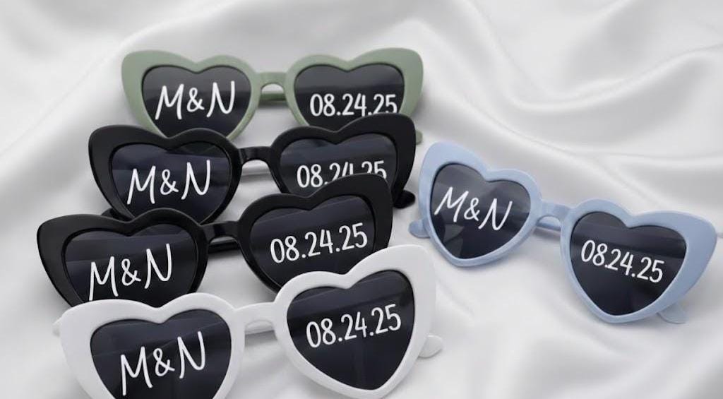Personalized Heart Sunglasses | Bachelorette Party Favors, Wedding Photo Prop