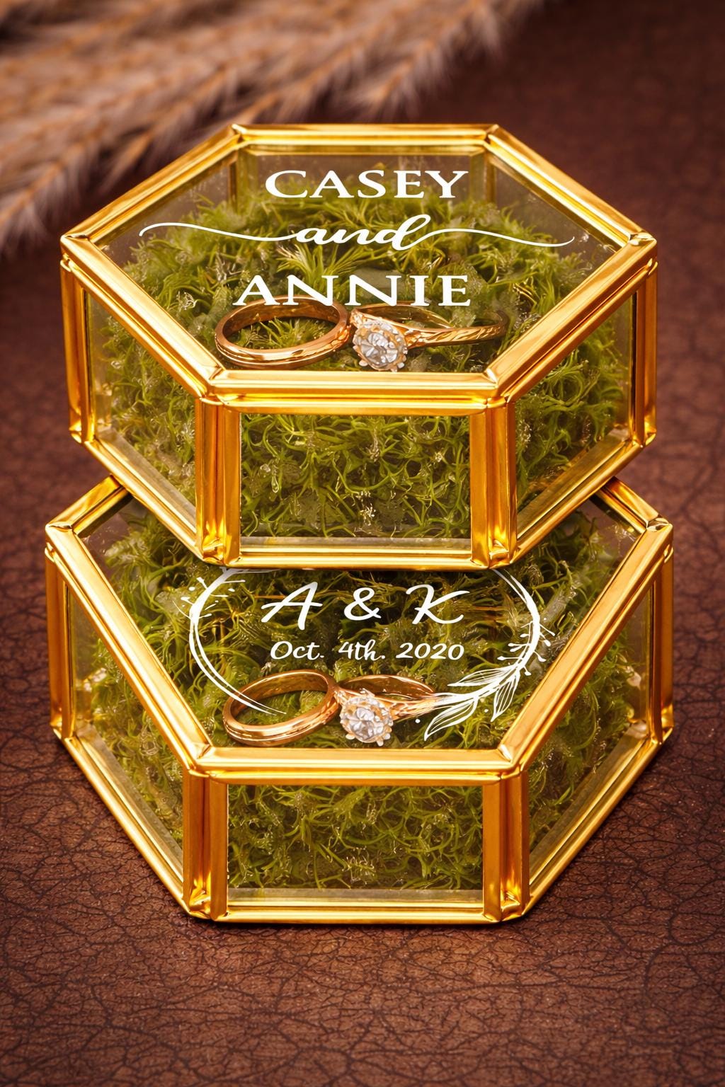 Personalized Hexagon Glass Ring Box – Gold Wedding Ring Bearer with Moss