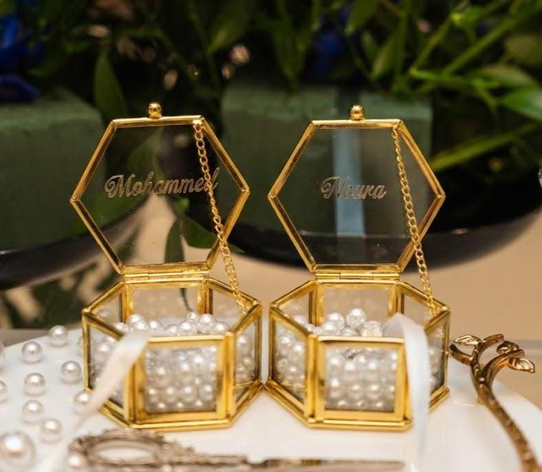 Personalized Hexagon Glass Ring Box – Gold Wedding Ring Bearer with Moss