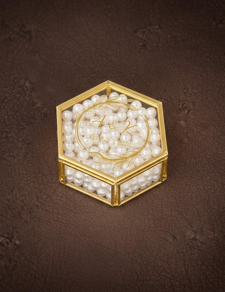 Personalized Hexagon Glass Ring Box – Gold Wedding Ring Bearer with Moss