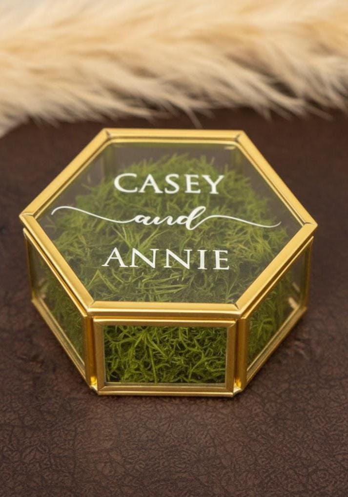 Personalized Hexagon Glass Ring Box – Gold Wedding Ring Bearer with Moss