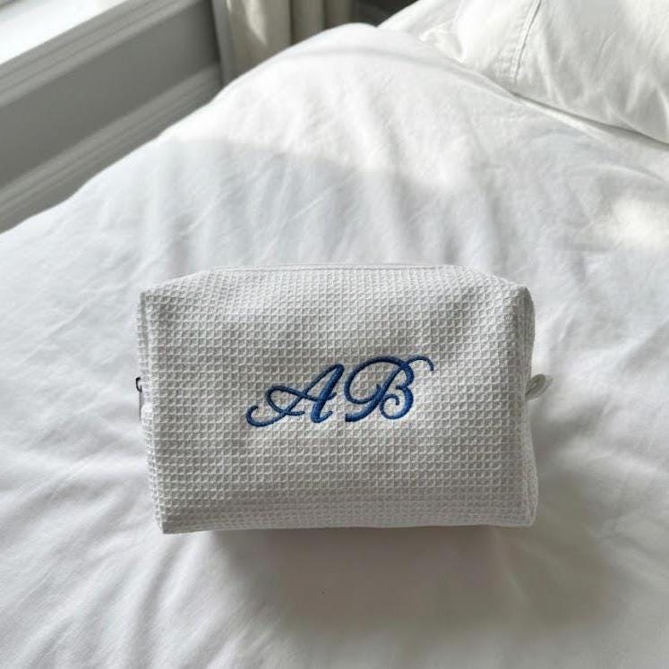 Embroidered Initial Waffle Makeup Bag, Personalized Cosmetic Travel Case